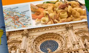 Un assaggio dei piatti tipici leccesi: fritto misto di mare, una mappa del Salento con Lecce in evidenza e la magnifica facciata barocca di una chiesa leccese.