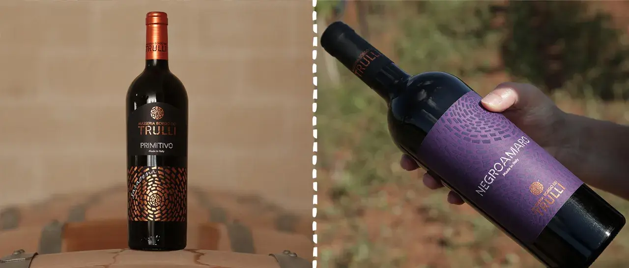 Bottiglia di Primitivo e Negroamaro Masseria Borgo dei Trulli, per scoprire la differenza tra questi vini pugliesi.