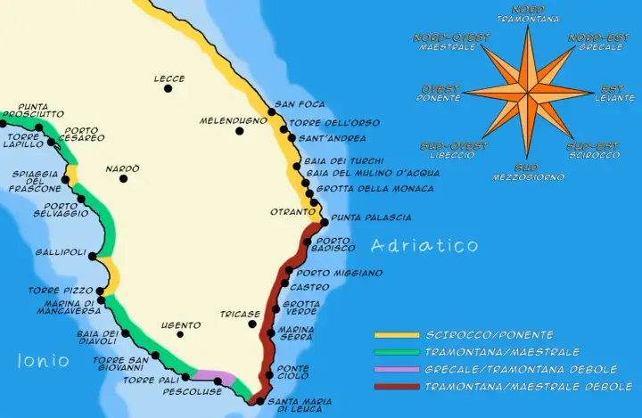 Mappa delle spiagge del Salento Adriatico, con località come Otranto, Torre dell'Orso e San Foca.